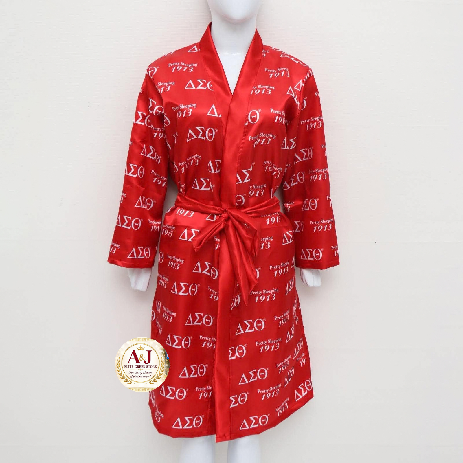 Red Graffi-D satin-feel belted robe with an all-over ΔΣΘ and Pretty Sleeping 1913 print