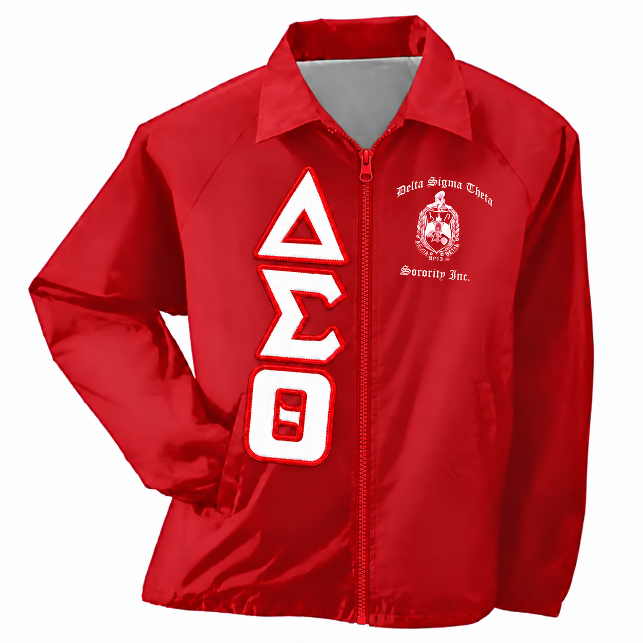 Red zip-front DST line jacket with bold white-outlined ΔΣΘ letters and the Sorority crest