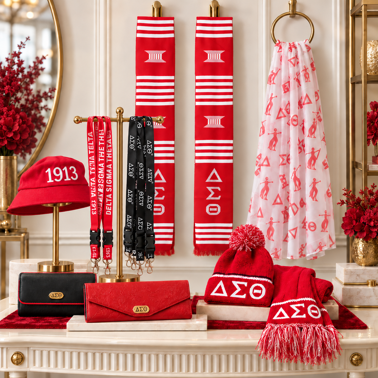 Delta Sigma Theta accessories display with crimson kente stoles, Delta lanyards, 1913 bucket hat, wallets, pom beanie, fringed scarf and sheer Delta-print scarf