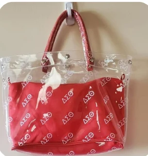 Hand-held clear DST stadium purse with a removable red clutch