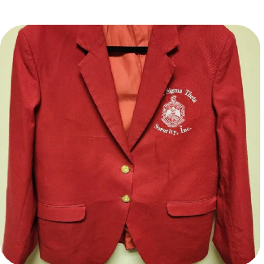 Red Delta Sigma Theta blazer with embroidered official crest
