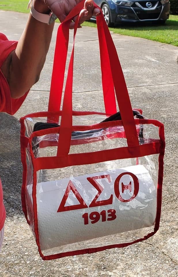 Delta Sigma Theta 1913 clear cubed stadium tote carried by its red handles