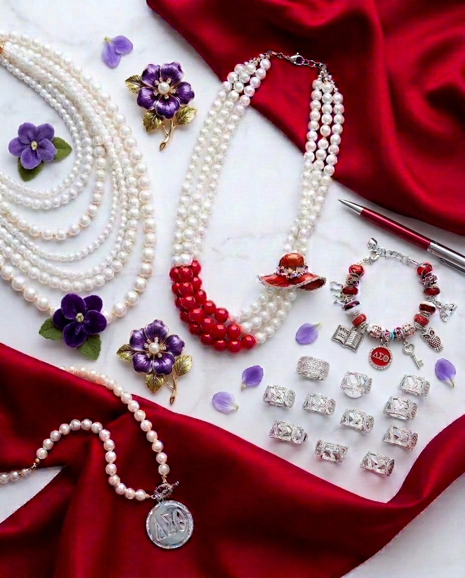 Delta Sigma Theta pearl necklaces, African violet brooches, a charm bracelet and crystal rings arranged on marble with crimson silk