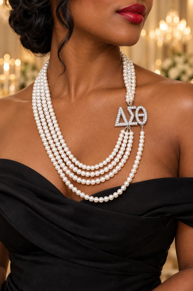 Layered white pearl necklace with a crystal ΔΣΘ pendant worn with a black evening dress