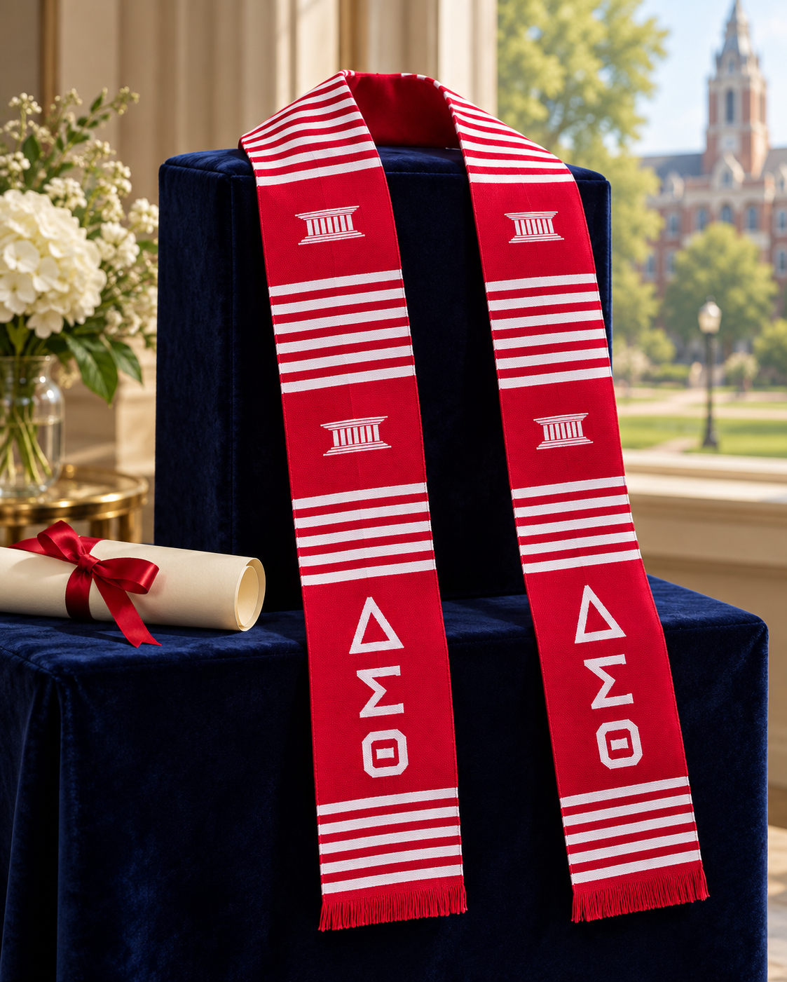 Crimson and white ΔΣΘ kente graduation stole displayed on a navy pedestal with a diploma and Tuscaloosa campus in the background