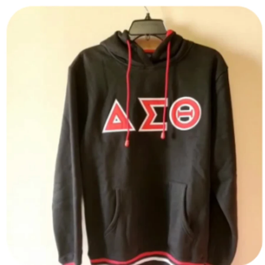 Black DST varsity-trim pullover hoodie