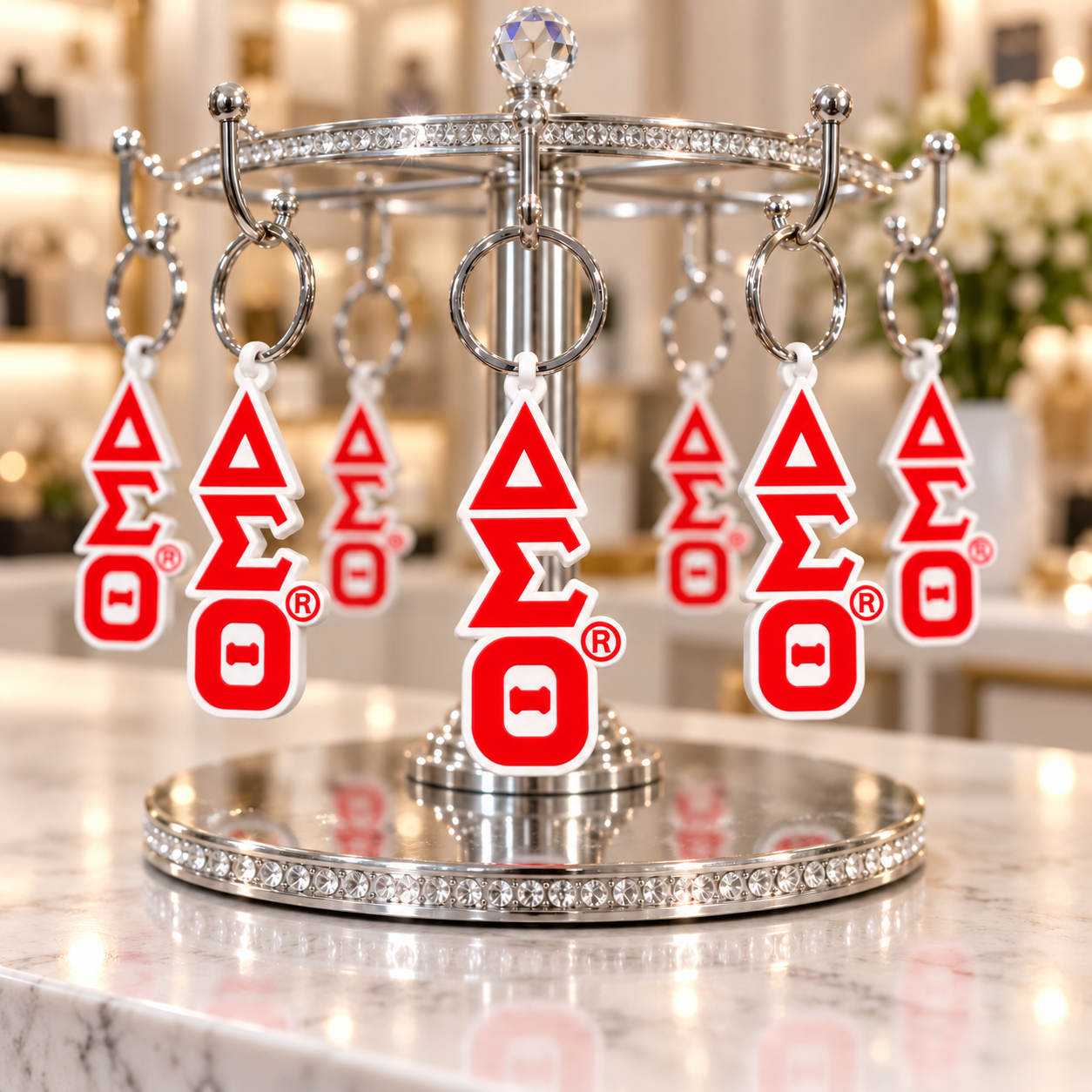 Crimson ΔΣΘ vertical-symbol silicone keyrings on silver rings, displayed on a crystal-accented stand in the A & J Elite Greek Store