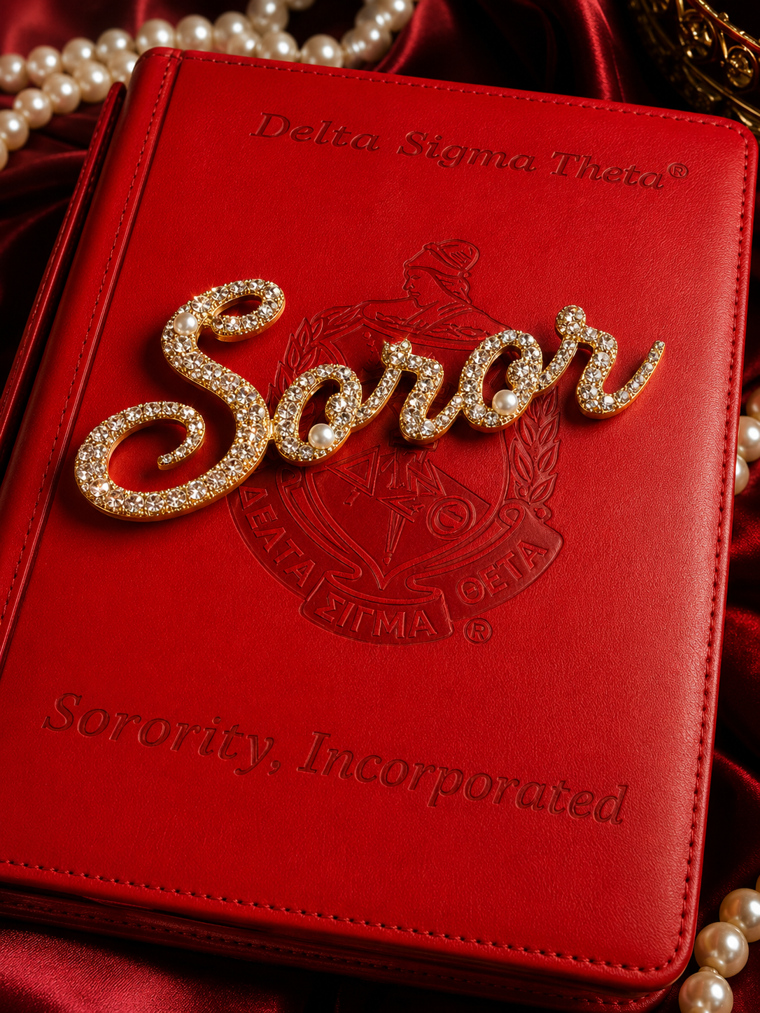 Crimson Delta Sigma Theta journal with a rhinestone Soror pin and pearls