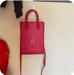 Red north–south mini tote crossbody with embossed DST crest and long strap
