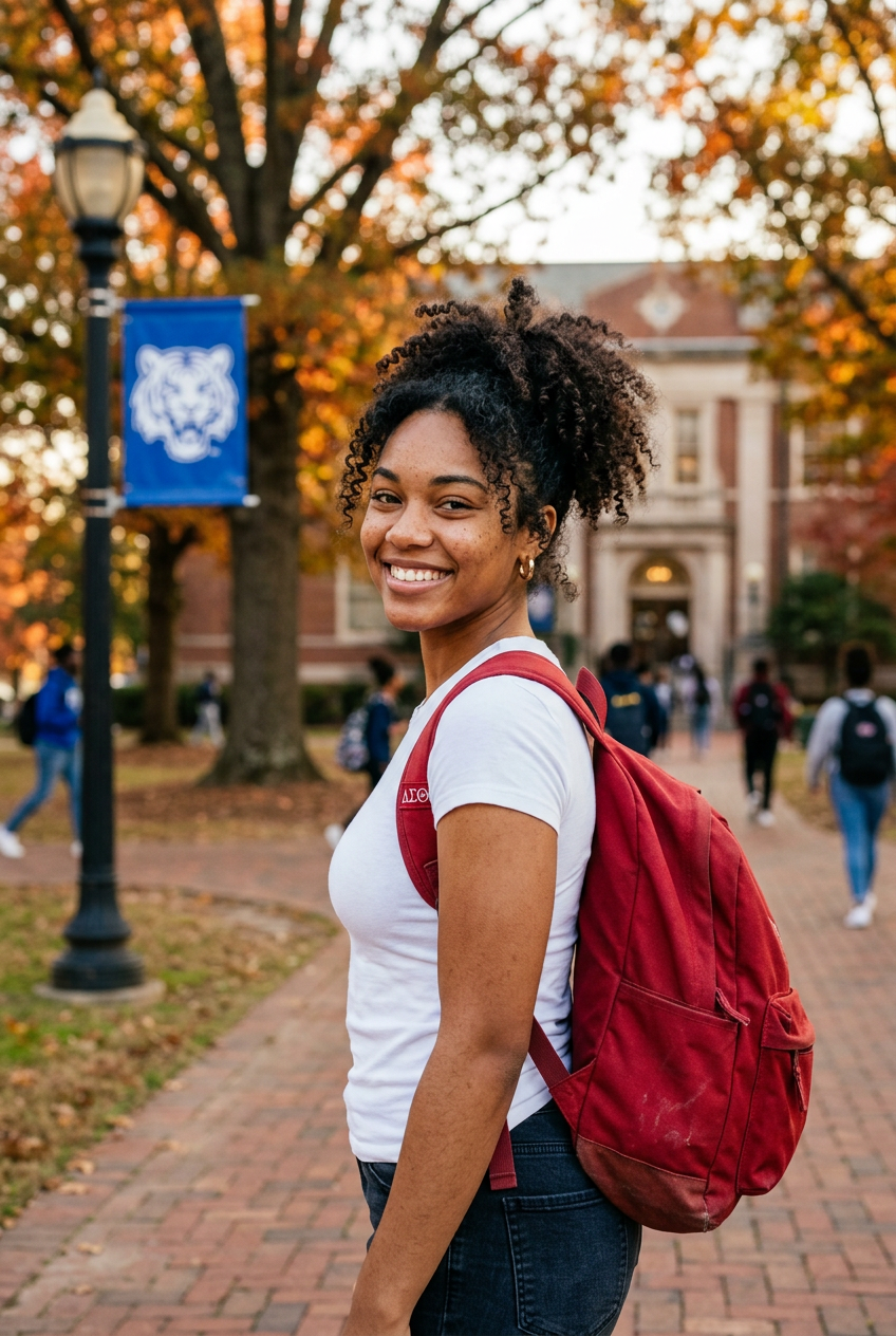Collegiate Delta — natural curls, DST backpack, Stillman campus