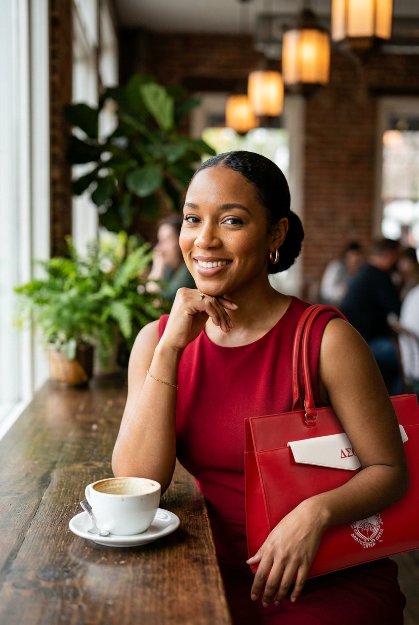 Young Alumna in crimson dress, elegant bun