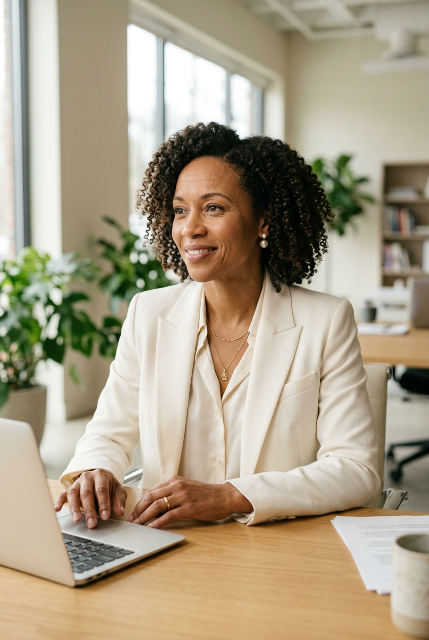 Delta professional in cream blazer with laptop