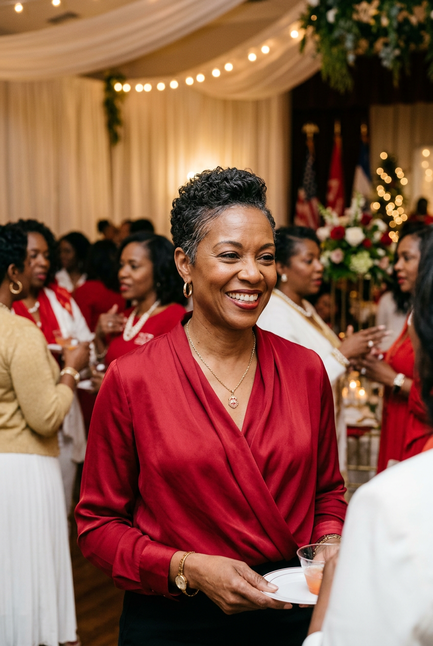 Established alumna in red silk blouse at chapter event