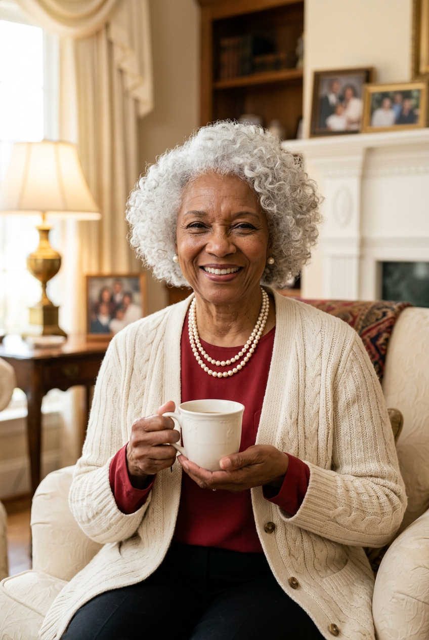 Legacy soror with silver curls, pearls and coffee cup